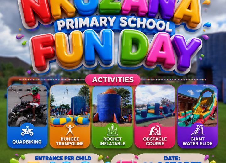 Events 2 Nkuzana Primary School Fun Day poster advertising quadbiking, bungee trampoline, rocket inflatable, obstacle course, and giant water slide for R100 per child on 09 October 2026.