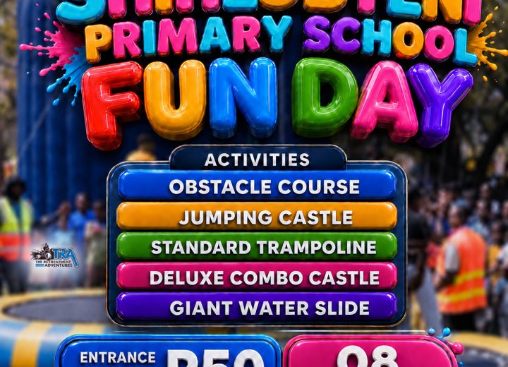 Events 1 Poster for Shihlobyeni Primary School Fun Day showing colourful text, activities list including obstacle course, jumping castle, and water slide, with entrance fee R50 and date 08 October 2026.