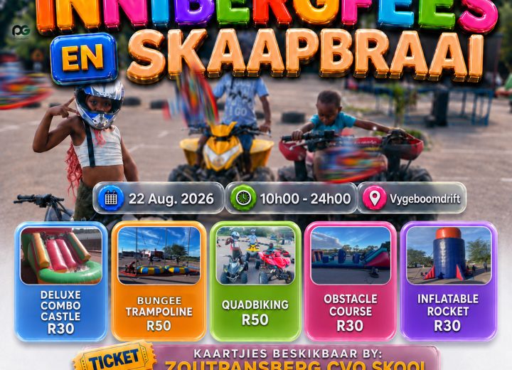 Events 4 Promotional poster for The Retrenchment Adventures in Innibergfees en Skaapbraai showing event details, activities including quad bikes and jumping castles, and contact numbers.