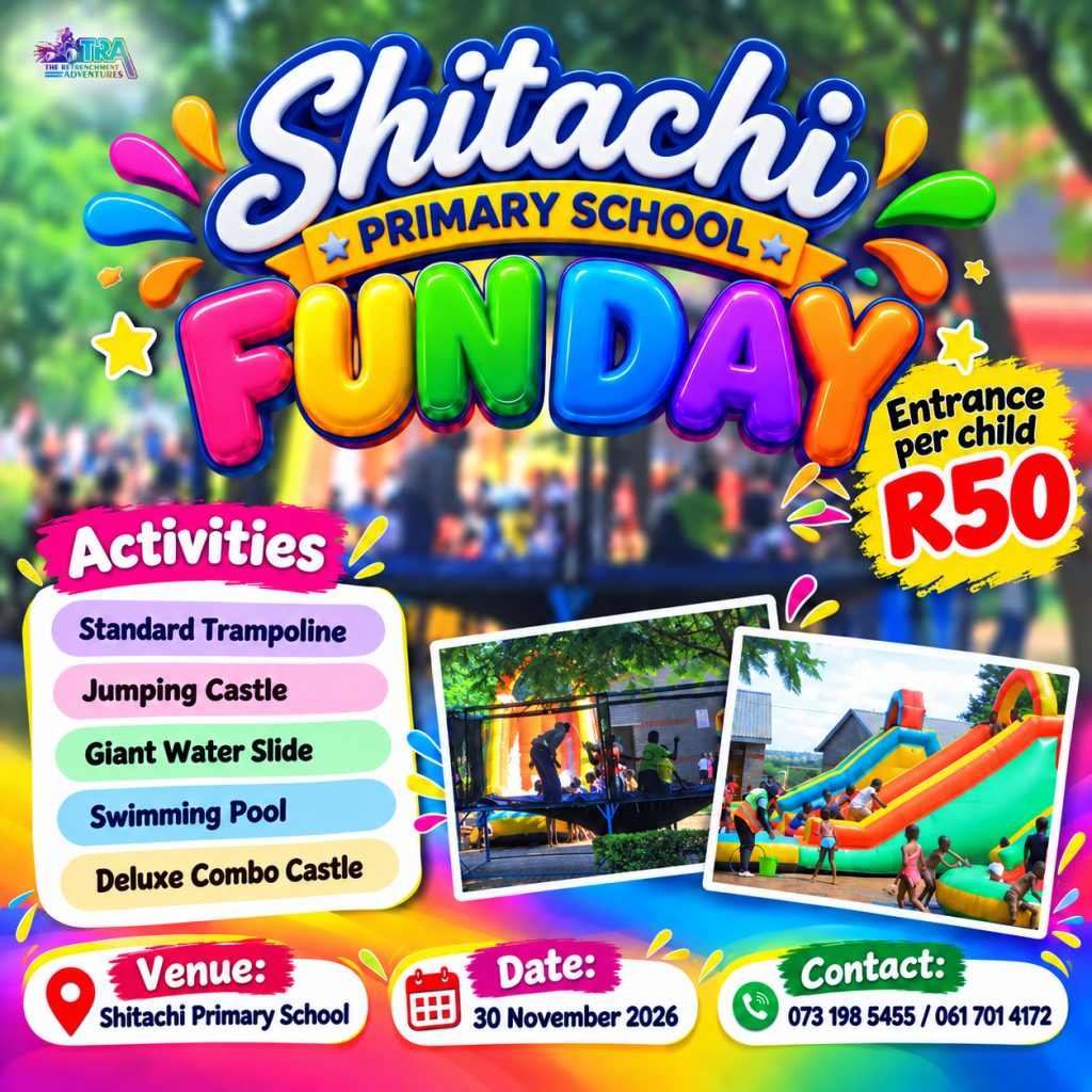 Colorful event poster for Shitachi Primary School Funday on 30 November 2026 featuring trampolines, jumping castles, and water slides.