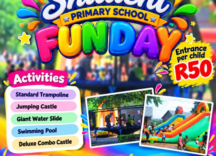 Events 3 Colorful event poster for Shitachi Primary School Funday on 30 November 2026 featuring trampolines, jumping castles, and water slides.